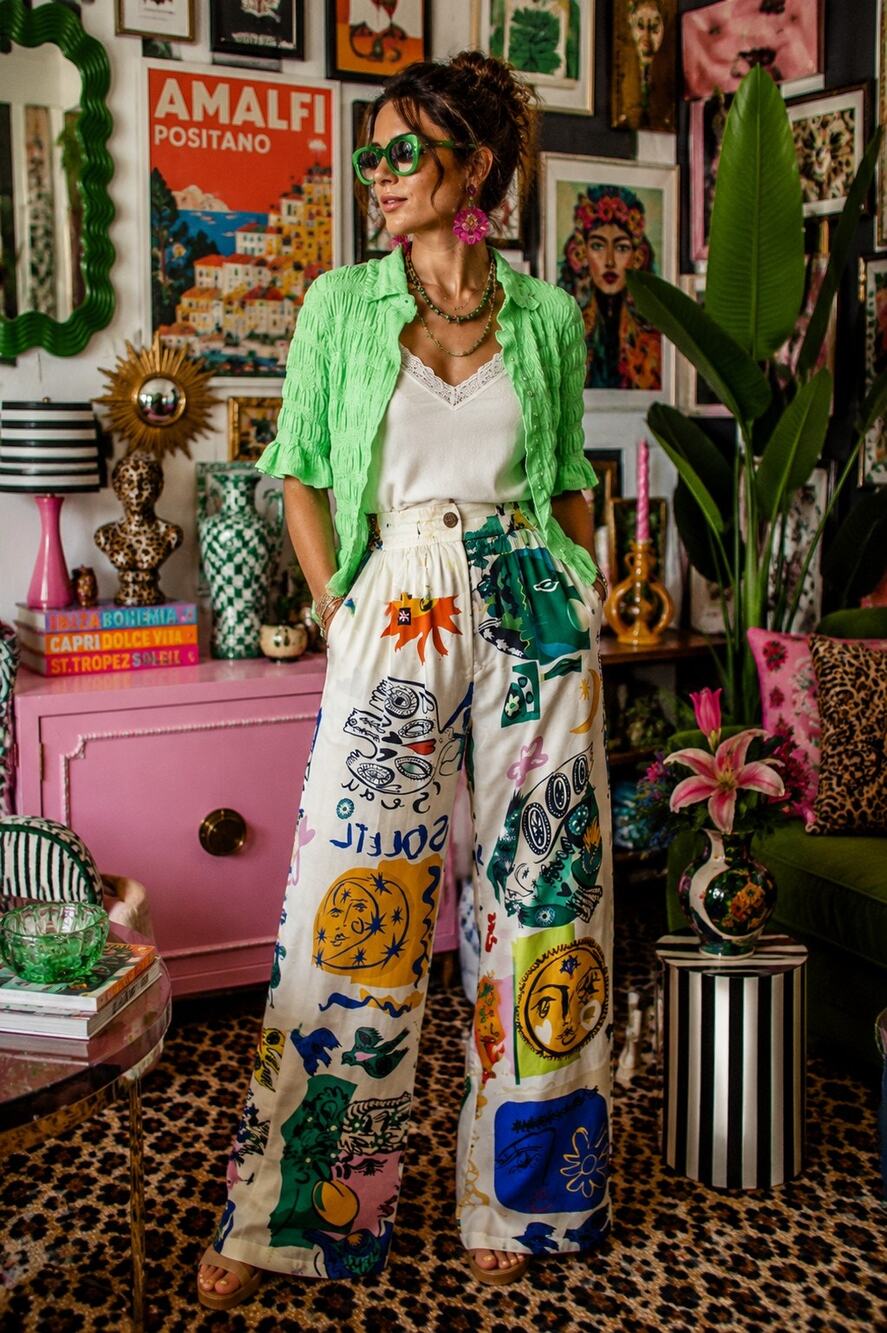 Commense XS Abstract Face Print Wide Leg Pants Cotton Linen Blend  Trousers